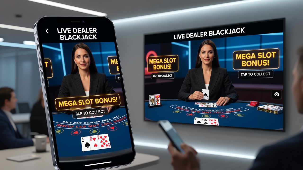 Illustration af blackjack variant på mobil med live dealer og aktive bonus elementer